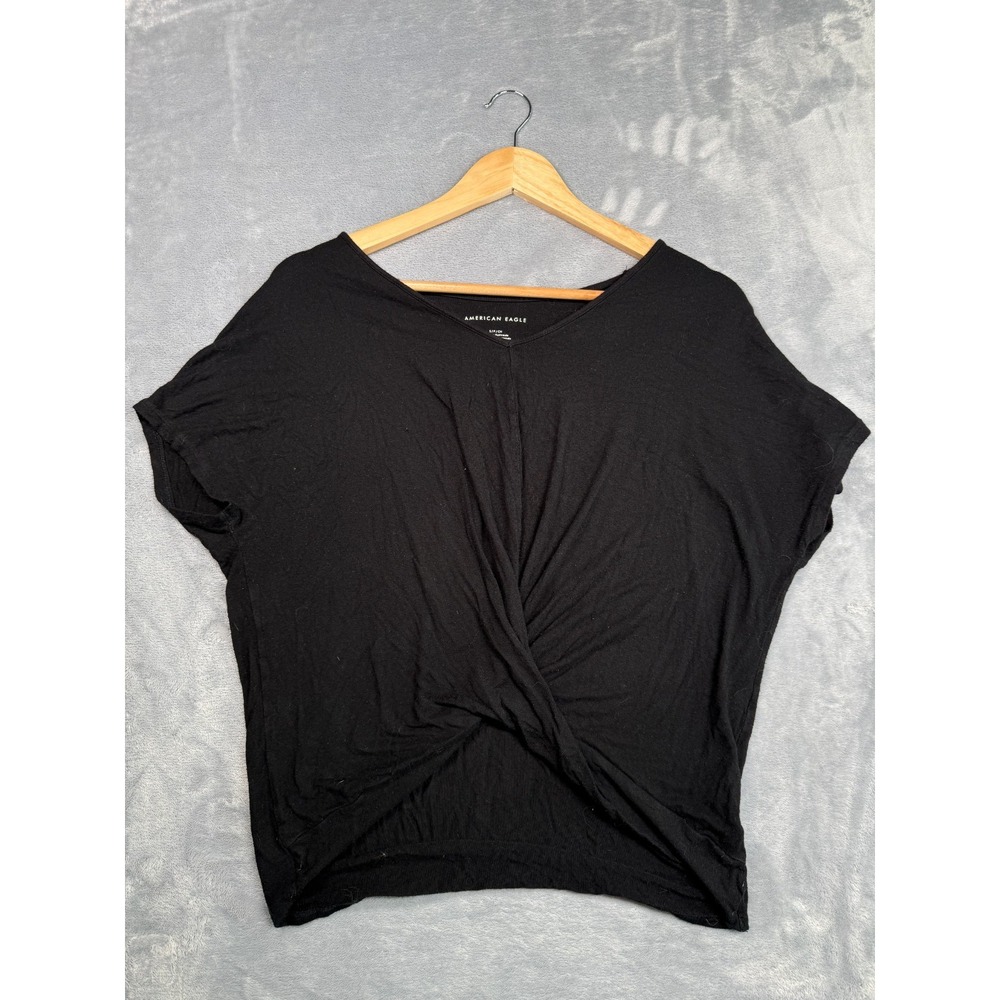 American Eagle Outfitters T-Shirt Womens Small Black Stretch Twist Front V-Neck
